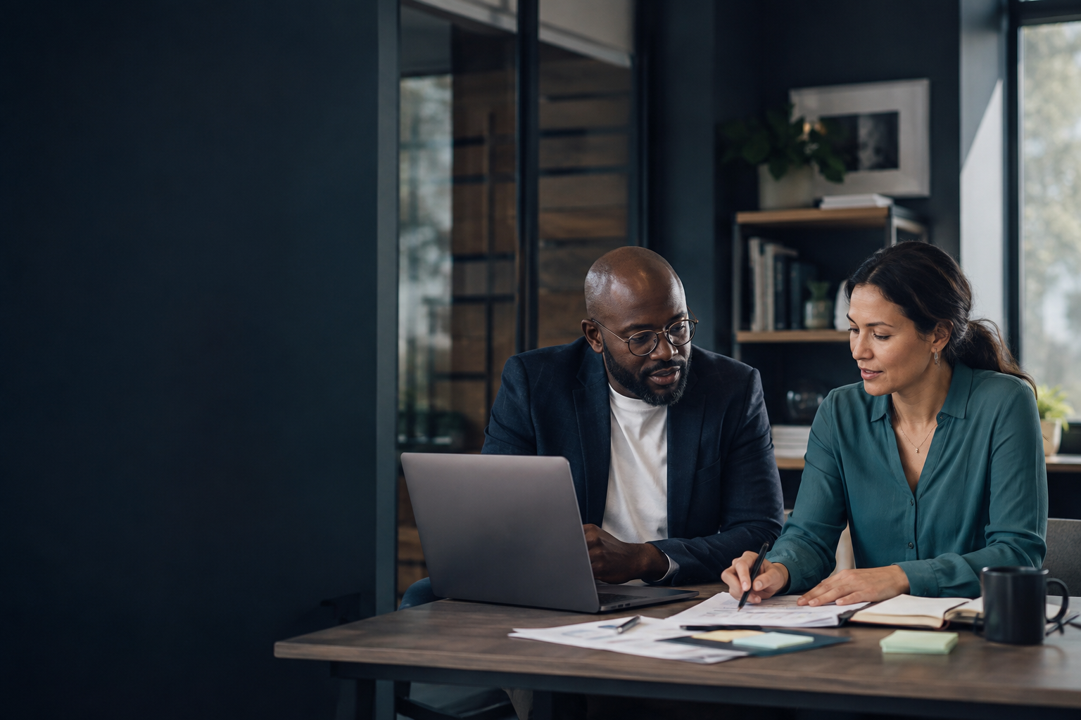 A small business owner and consultant reviewing an operations plan together